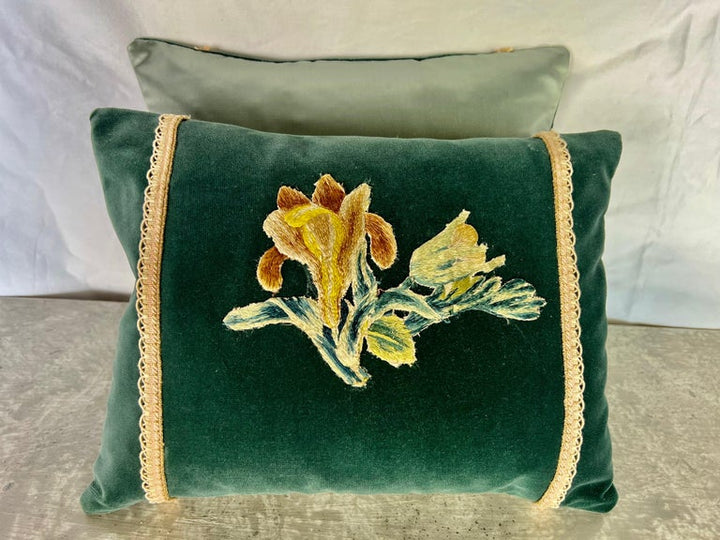 Pair of Custom MLA Appliquéd Teal Velvet Pillows