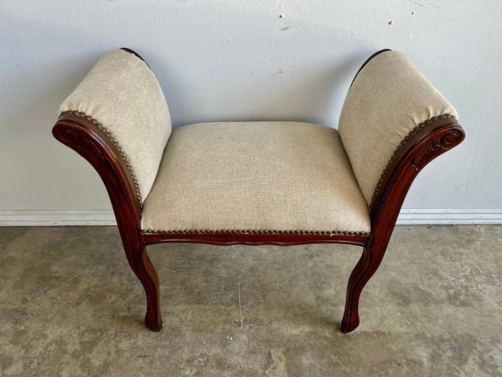 French Linen Upholstered Bench C. 1940's