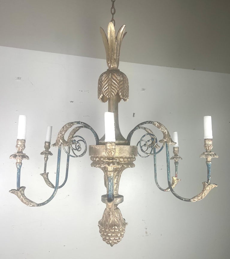 Six Light Italian Style Silvered Wood Chandelier