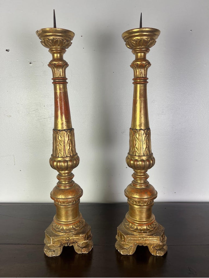 Pair of 19th-Century Italian Gilt Wood Candlesticks w/ Prickets