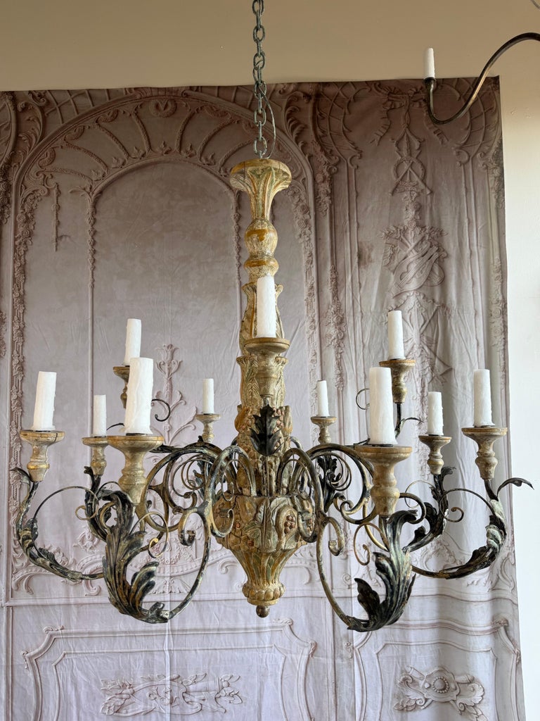 Monumental Italian Rococo Painted Wood & Wrought Iron 12-Light Chandelier