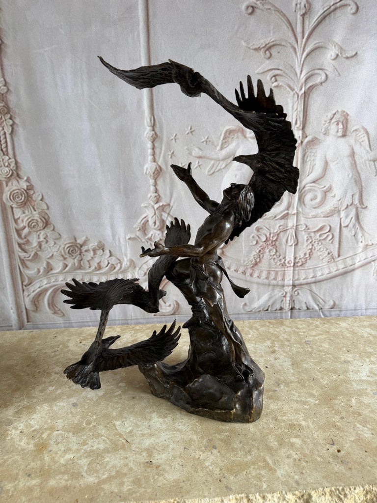Monumental Bronze Sculpture of Native Warrior and Eagles, Dynamic Art