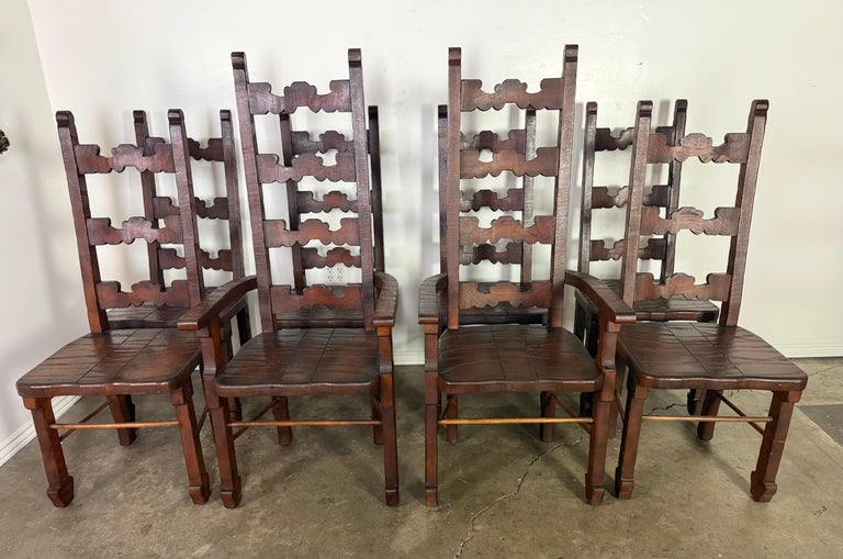 Set of 8 Spanish Colonial Revival Carved Wood Dining Chairs, Mid-20th Century