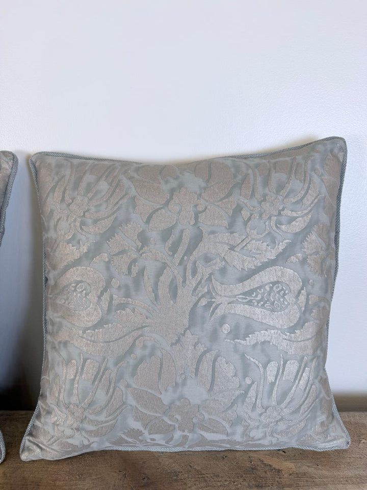 Fortuny Cotton Damask Throw Pillows, Venetian Floral Motif, Aqua & Silver Pair