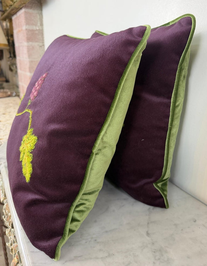 Pair of Aubergine Velvet Pillows - Antique Hand-Embroidered Grape Vine Applique
