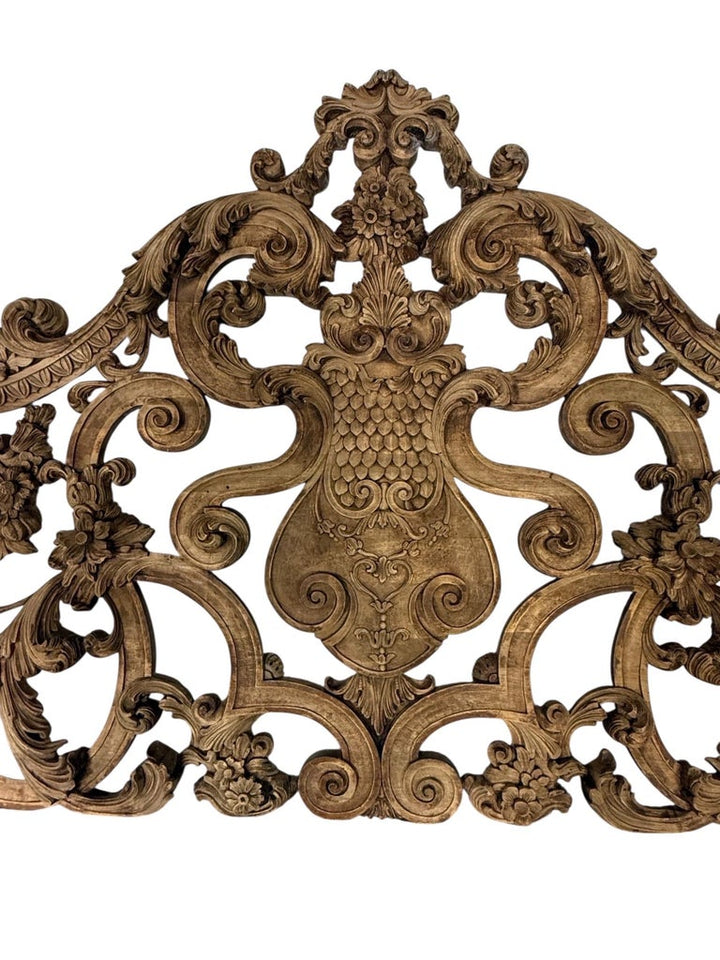 Ornate Carved Wood and Upholstered Headboard