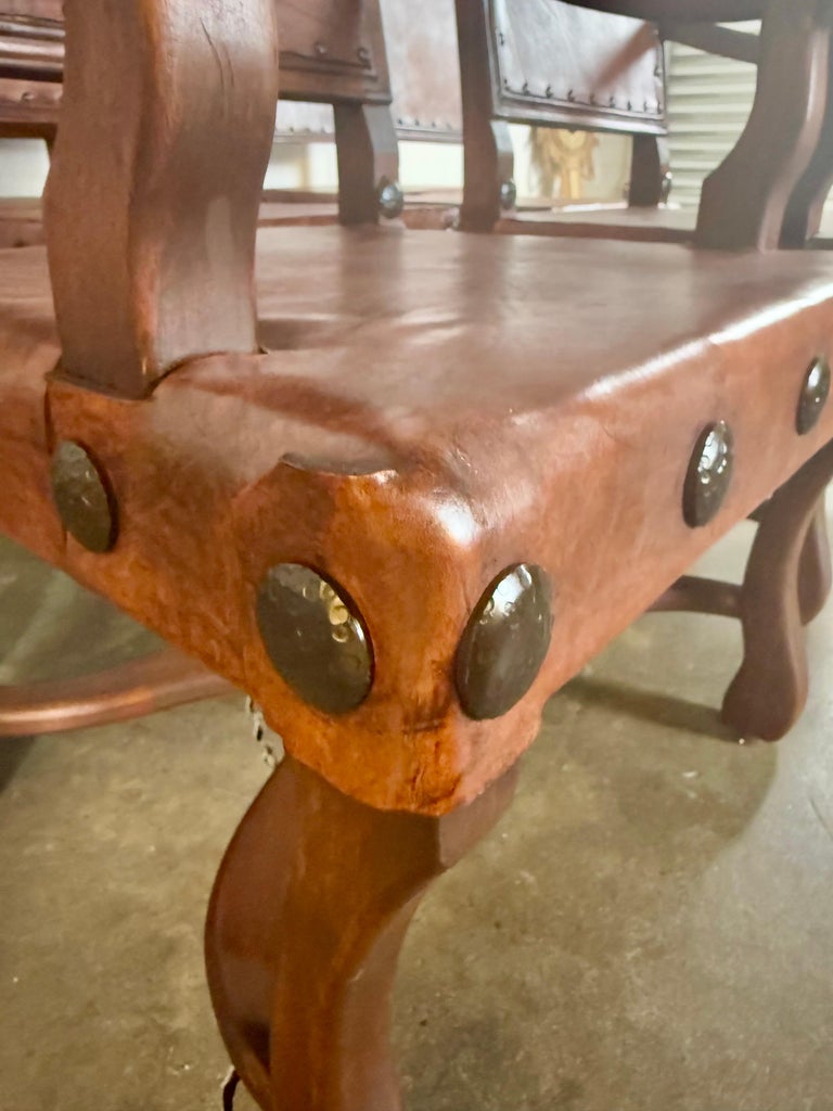 Set of Eight Spanish Walnut & Leather Dining Chairs