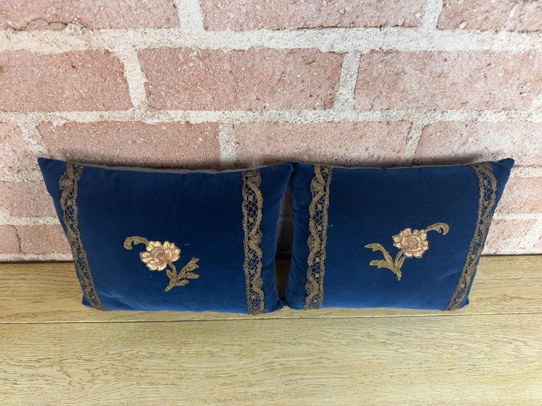 Pair of French Sapphire Velvet Pillows with 19th Century Gold Metallic Appliques