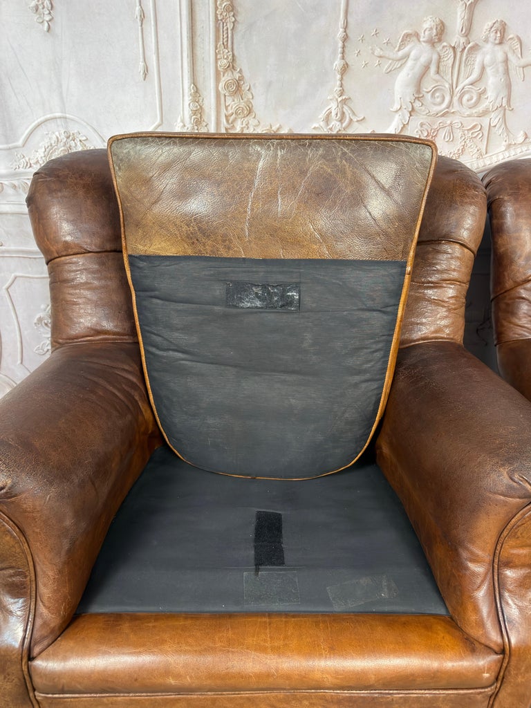 Pair of English Library Club Chairs in Hand-Finished Cognac Leather