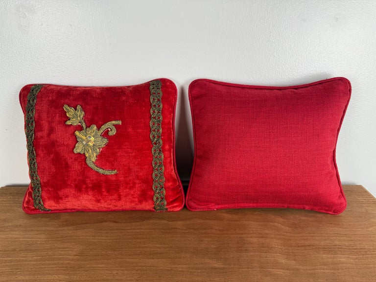 Pair of Petite Red Velvet Pillows with 19th-Century Metallic Appliqués