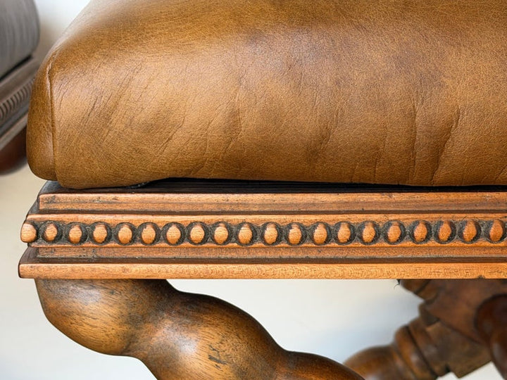 Pair of Spanish Colonial Baroque Bobbin - X-Base Stools with Distressed Leather