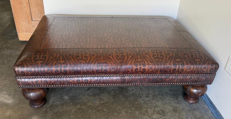Large Embossed Leather Ottoman with Bun Feet
