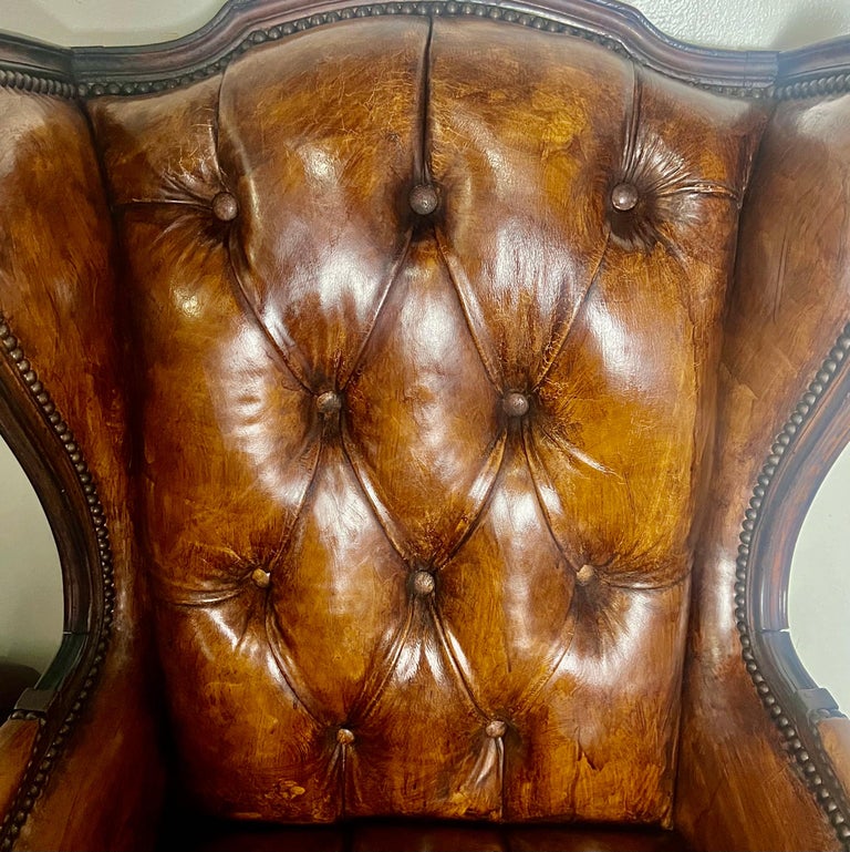 Pair of French Leather Tufted Wingback Chairs C. 1930