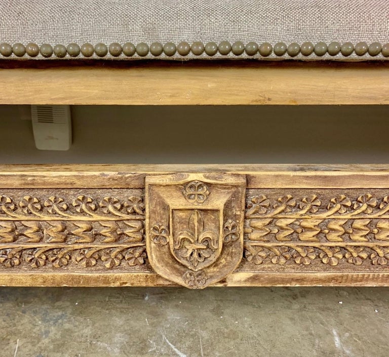 Monumental Spanish Carved Wood Bench with Linen Upholstery