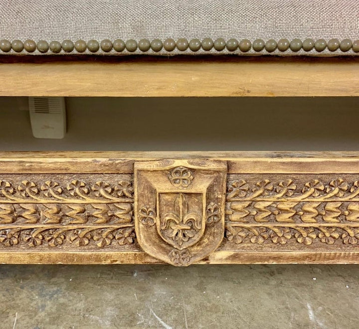 Monumental Spanish Carved Wood Bench with Linen Upholstery