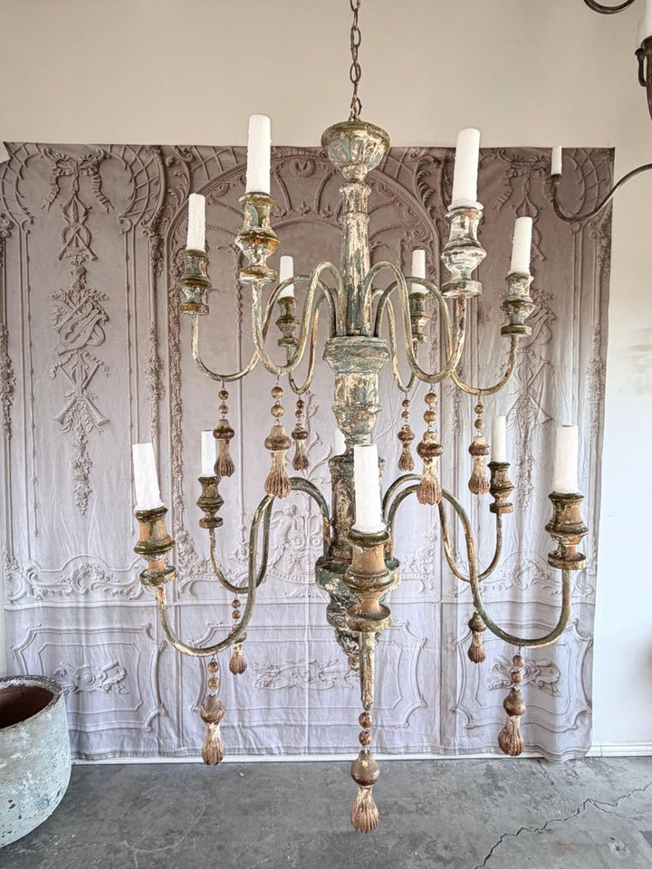 Mediteranean Style Italian Painted & Parcel Gilt Wood 12-Light Chandelier