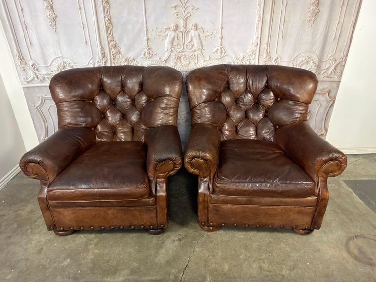 Pair of English Library Club Chairs in Hand-Finished Cognac Leather