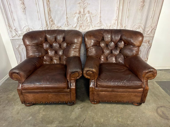 Pair of English Library Club Chairs in Hand-Finished Cognac Leather