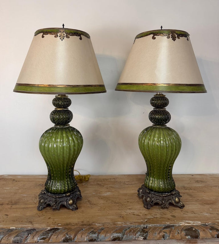 Pair of Vintage Murano Glass Table Lamps - Barovier &amp; Toso Style Olive Green