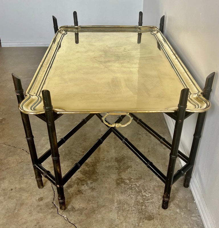 19th C. Solid Brass German Tray on Black Chinoiserie Base