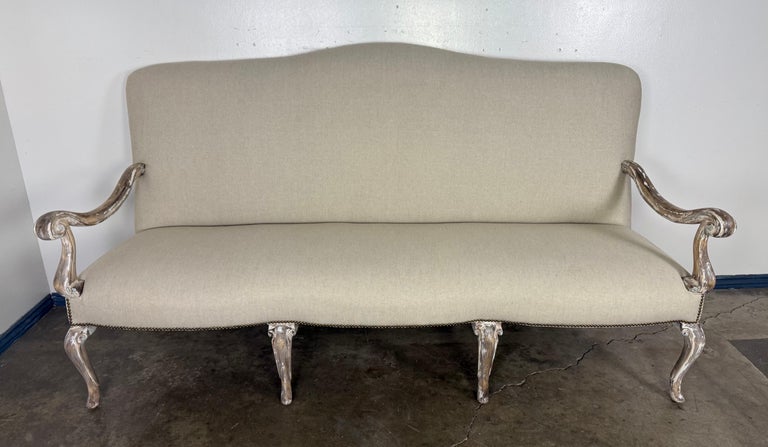French Louis XV Style Painted Settee with New Linen Upholstery