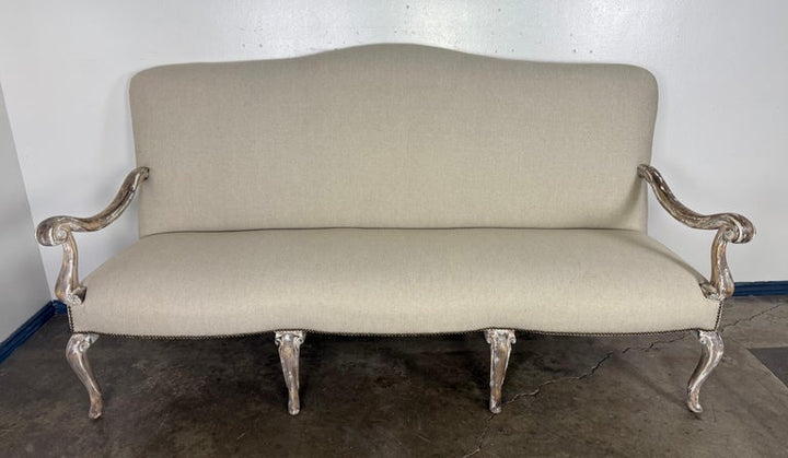 French Louis XV Style Painted Settee with New Linen Upholstery