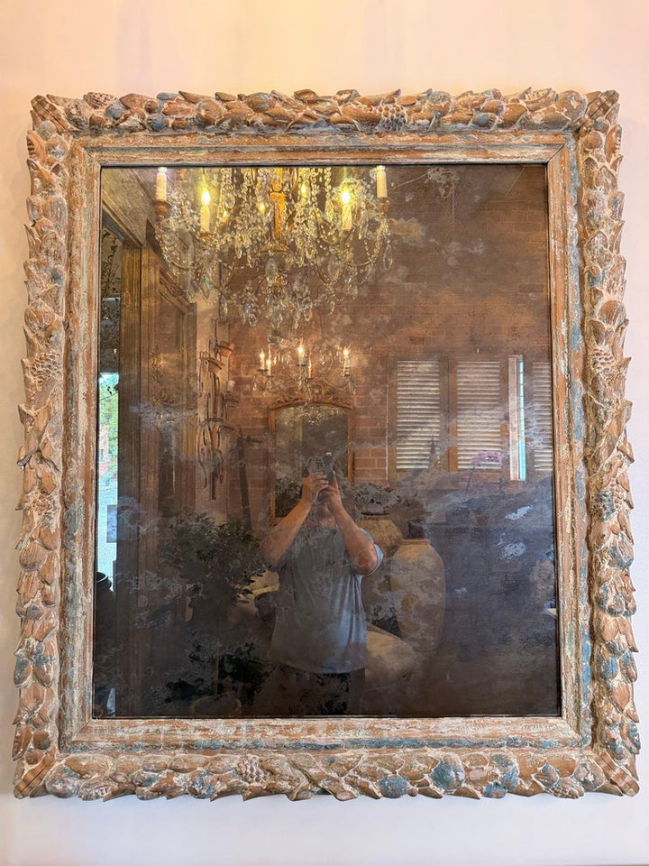 Antique French Carved Wood Mirror with Foliate Frame and Original Foxed Glass