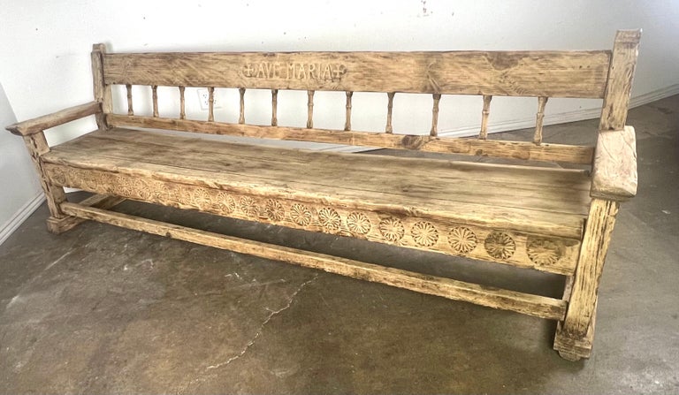 Early 19th C. Italian Carved Rustic Bench "Ave Maria"