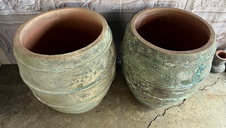 Mediterranean barreal Jars - Verdigris Patinated Terracotta Olive Vassels