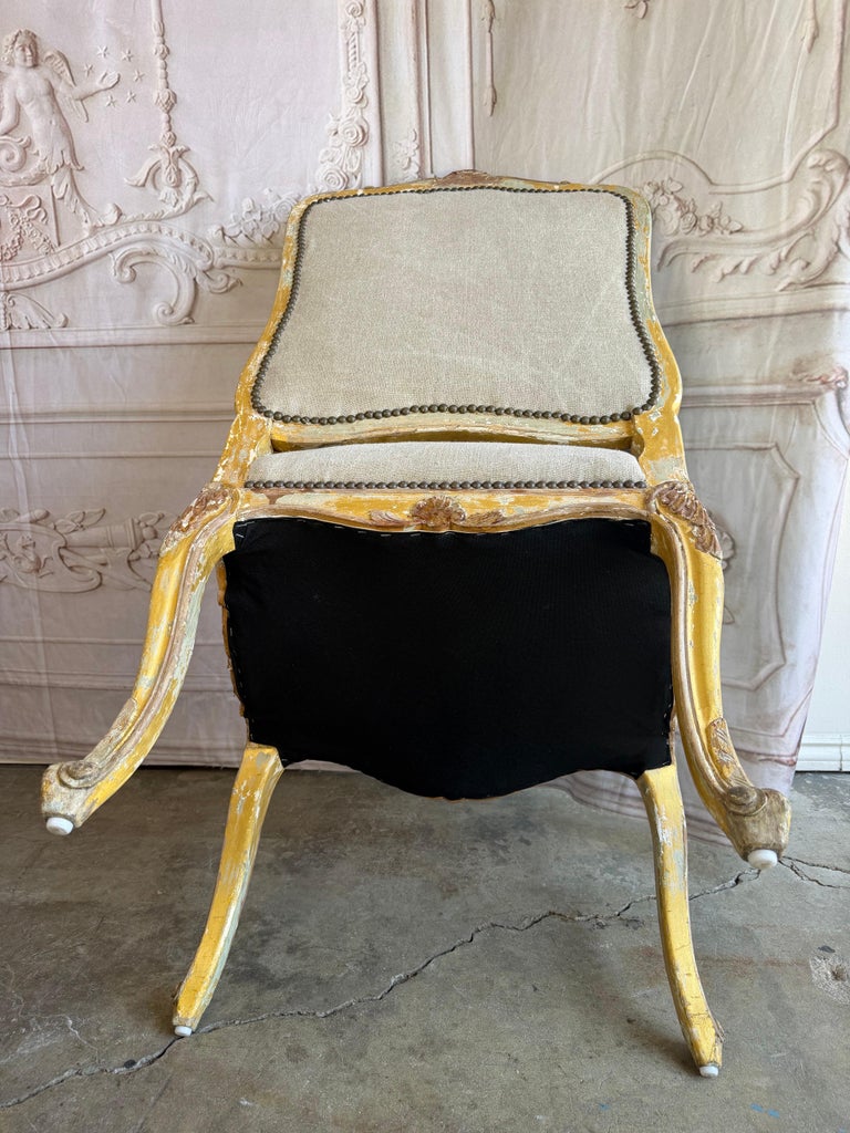 Set of 14 French Louis XV Style Distressed Dining Chairs with Linen Upholstery