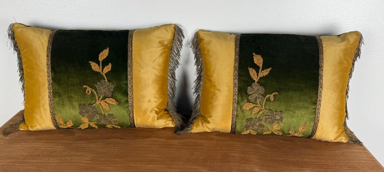 Pair of Custom Pillows with 19th-Century French Metallic Appliqués