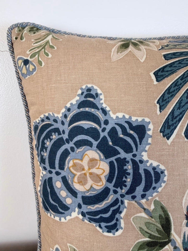 Designer Linen Throw Pillow in Exotic “Braganza” Jungle Print with Leopard Motif