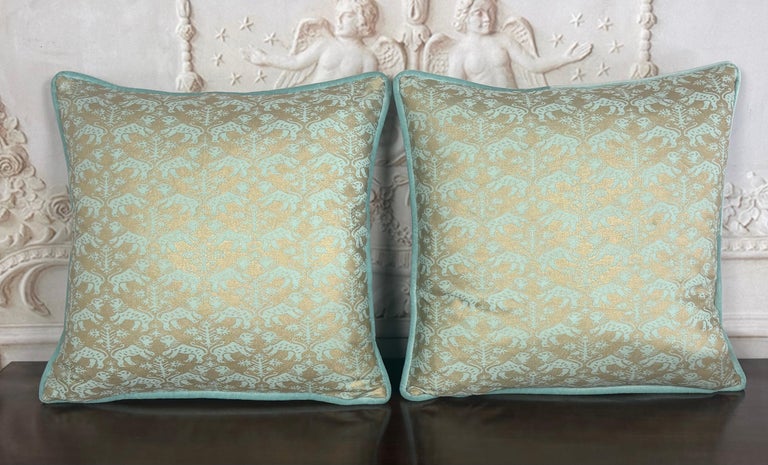 Custom Fortuny Decorative Pillows in Gilt Gold &amp; Aquamarine, Italy
