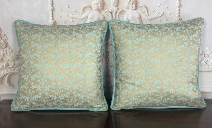 Custom Fortuny Decorative Pillows in Gilt Gold &amp; Aquamarine, Italy