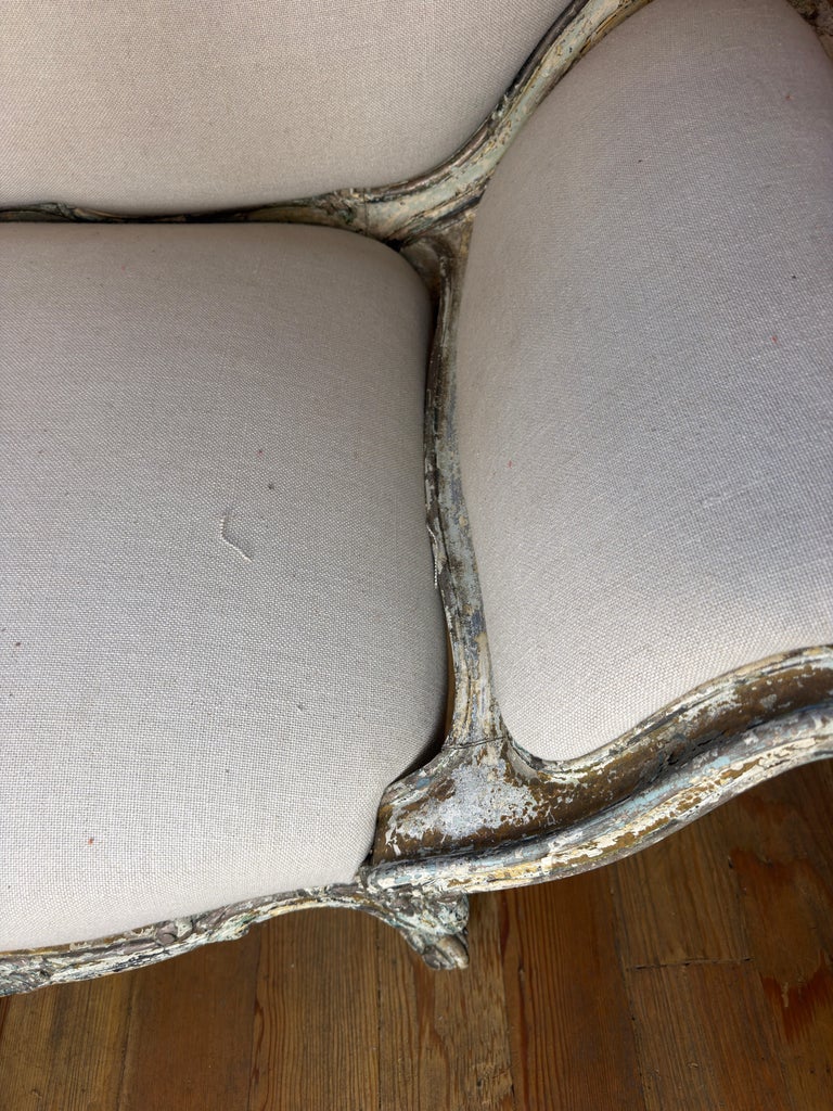 French Louis XV Corbeille Settee with Original Distressed Patina and Shell Crest