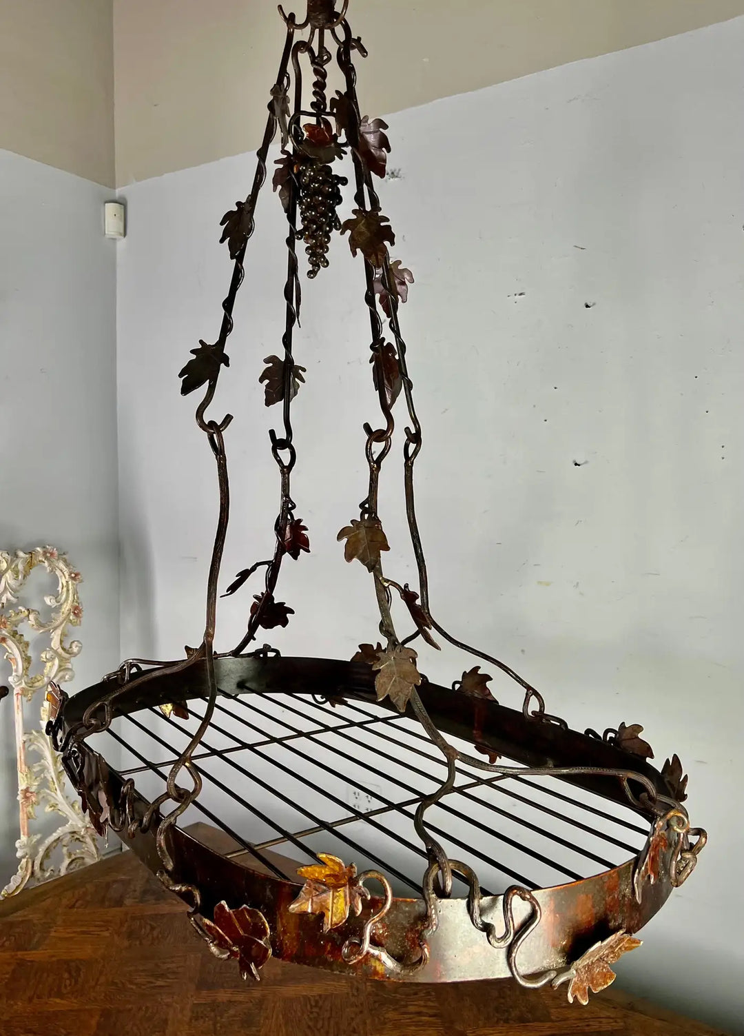 Wrought Iron French Grapevine Pot Rack-20th Century