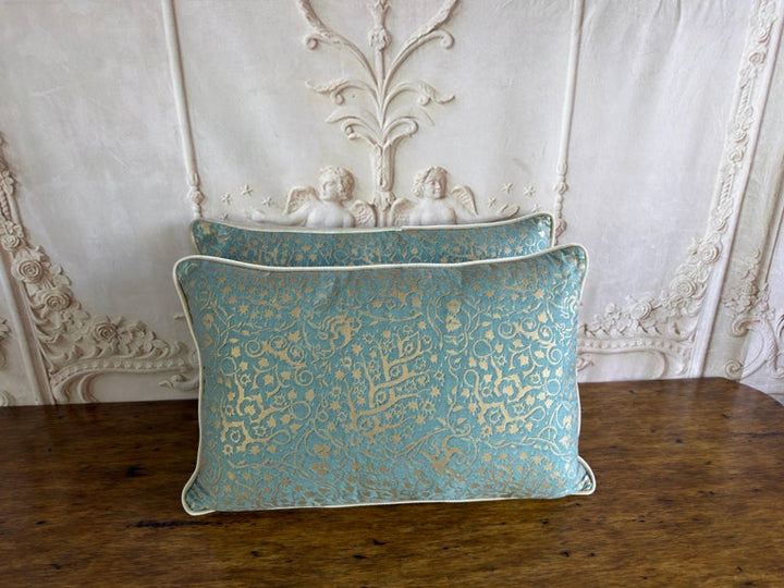 Pair of Venetian Aqua and Gold Fortuny Textile Lumbar Pillows