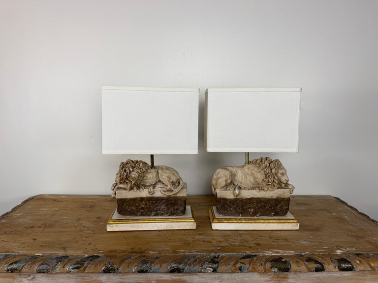 Pair of Neoclassical Recumbent Lion Table Lamps - After Canova