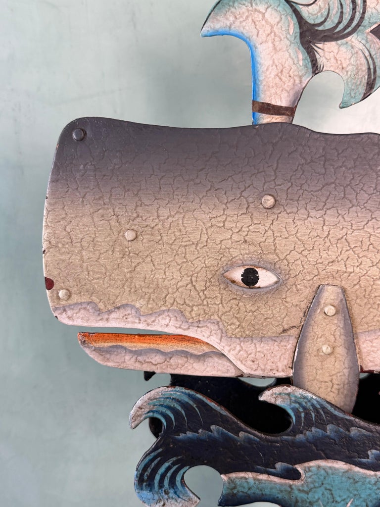 Vintage Folk Art Carved Whale Kinetic Sculpture on Stylized Ocean Base
