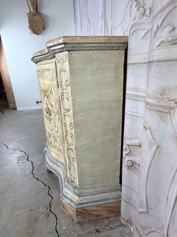 Italian Rococo Painted Serpentine Credenza with Floral Cartouches