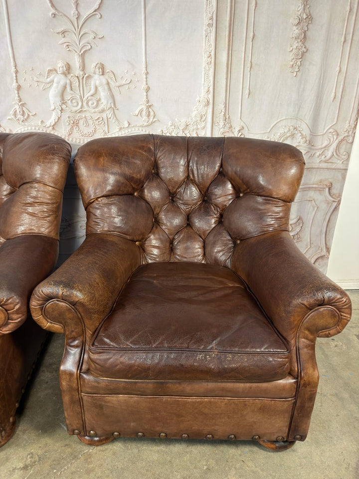 Pair of English Library Club Chairs in Hand-Finished Cognac Leather
