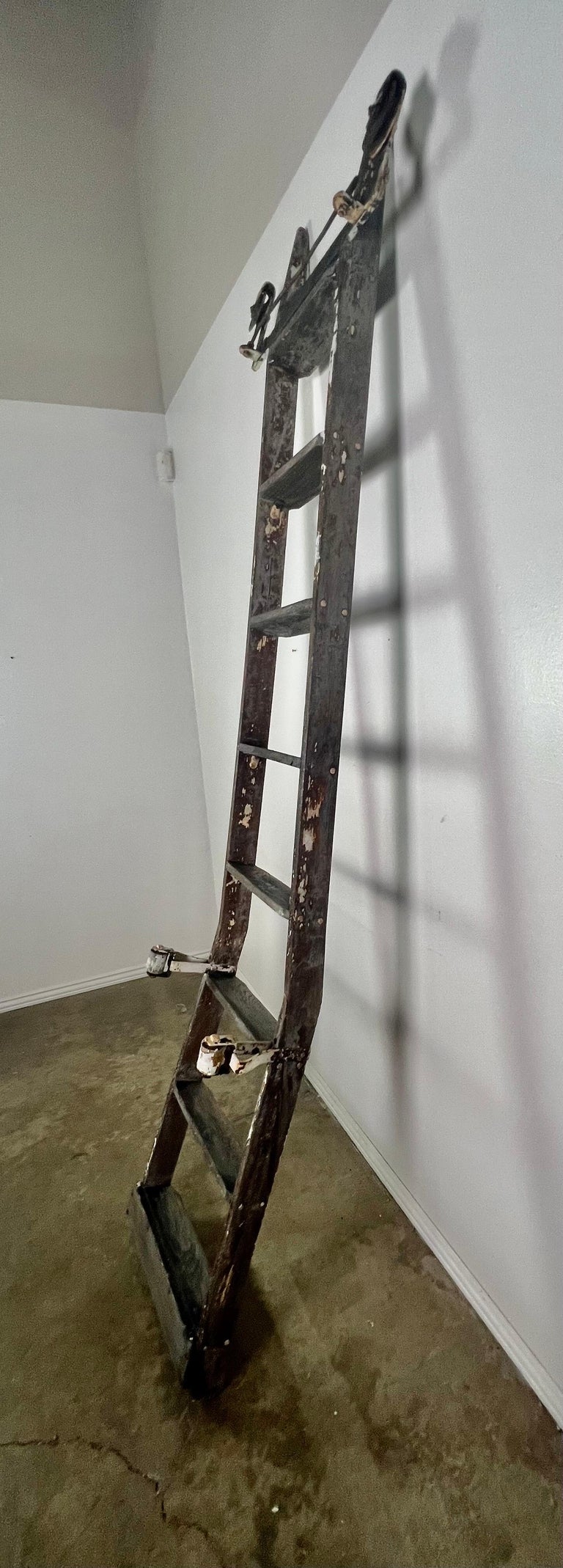 Antique Rustic Library Ladder, Iron & Wood with Distressed Patina