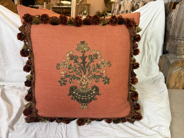 Pair of 19th C. Metallic & Chenille Appliqued Pillows