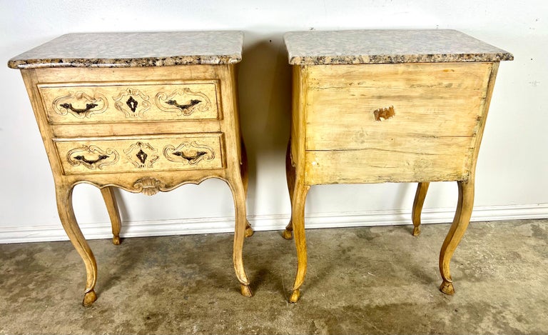 Pair of French End Table w/ Drawers and Granite Tops C. 1930's