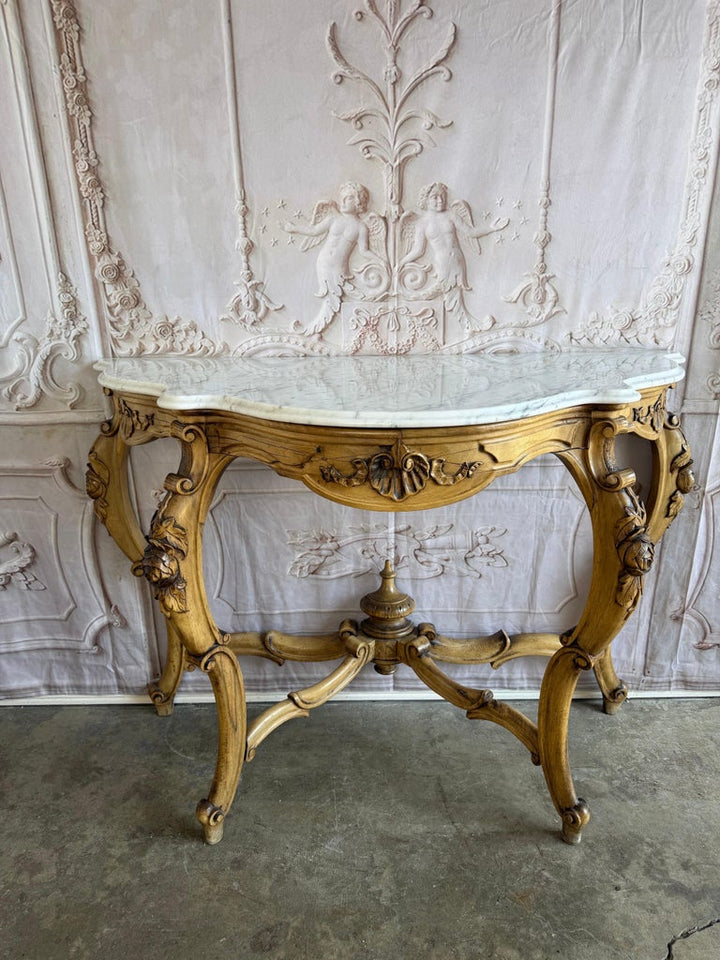 French Louis XV Style Carved Giltwood Console Table with White Marble Top