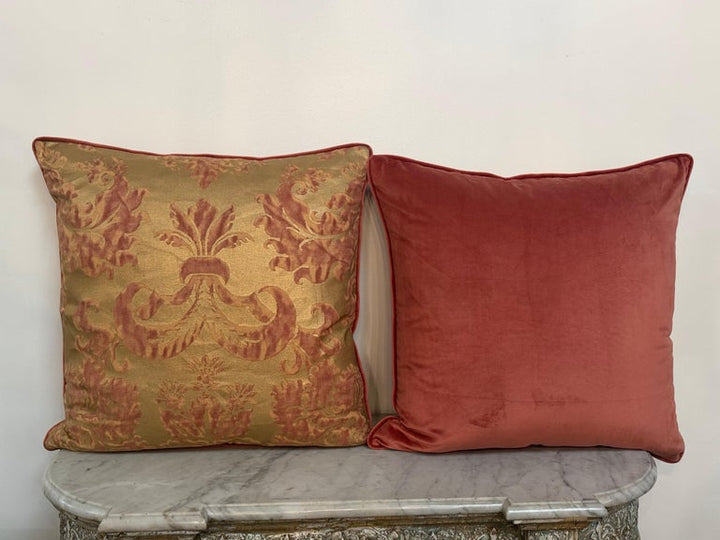 Custom Mariano Fortuny Pillows in Antique Gold &amp; Coral Damask