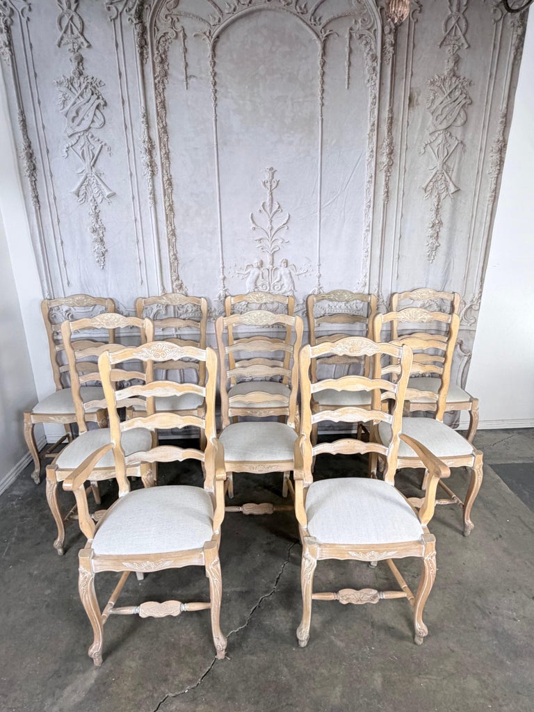 Set of 10 19th Century French Provincial Bleached Oak Ladderback Dining Chairs