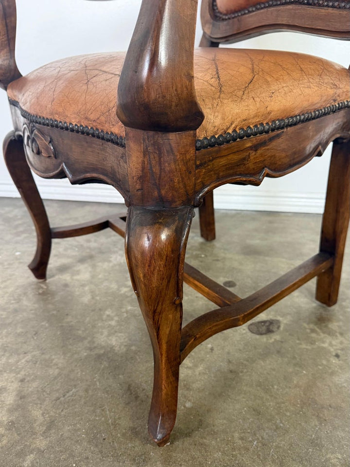 Set of Eight French Carved Wood Dining Chairs with Leather Upholstery