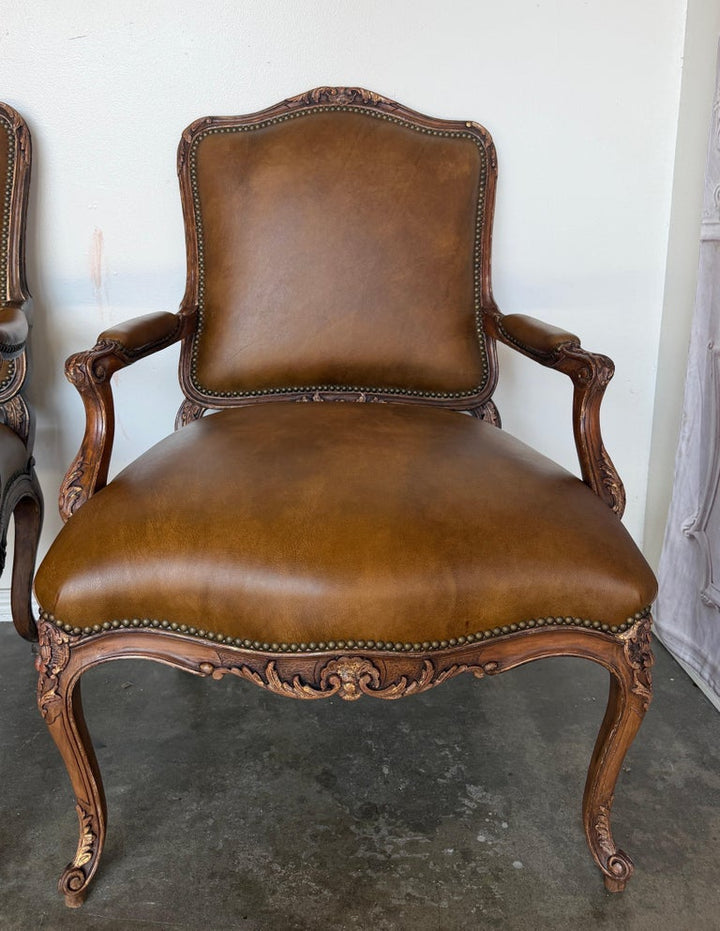 Pair of VIntage French Louis XV Cognac Leather Fauteuils