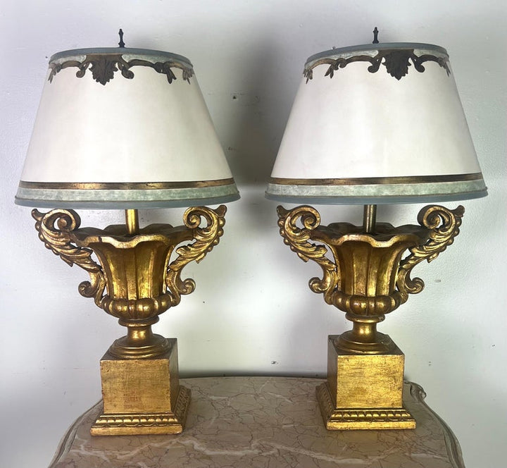 Pair of Giltwood Urn Neoclassical Style Lamps w/ Parchment Shades